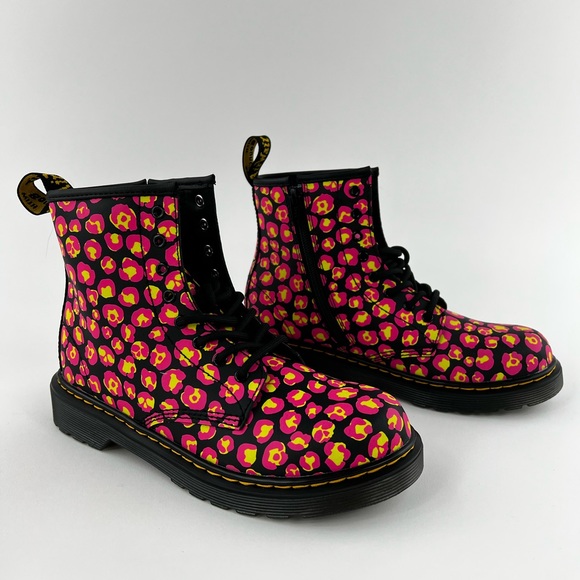Dr Martens 1460 Pink Leopard Women's Size 5 Boots Smooth Leather Black Yellow - Picture 3 of 11